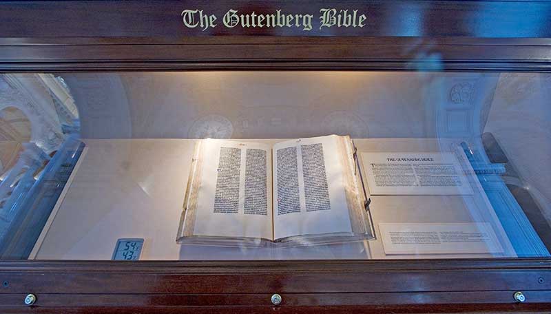 Gutenberg Bible in display case at the Library of Congress